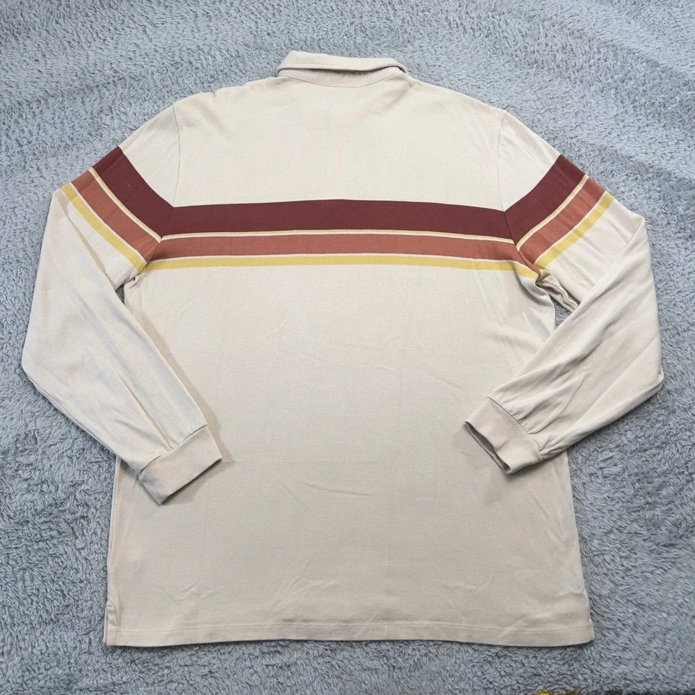 Marine Layer Polo Shirt Mens L XL Tan Long Sleeve Retro Stripe Cotton Modal Soft